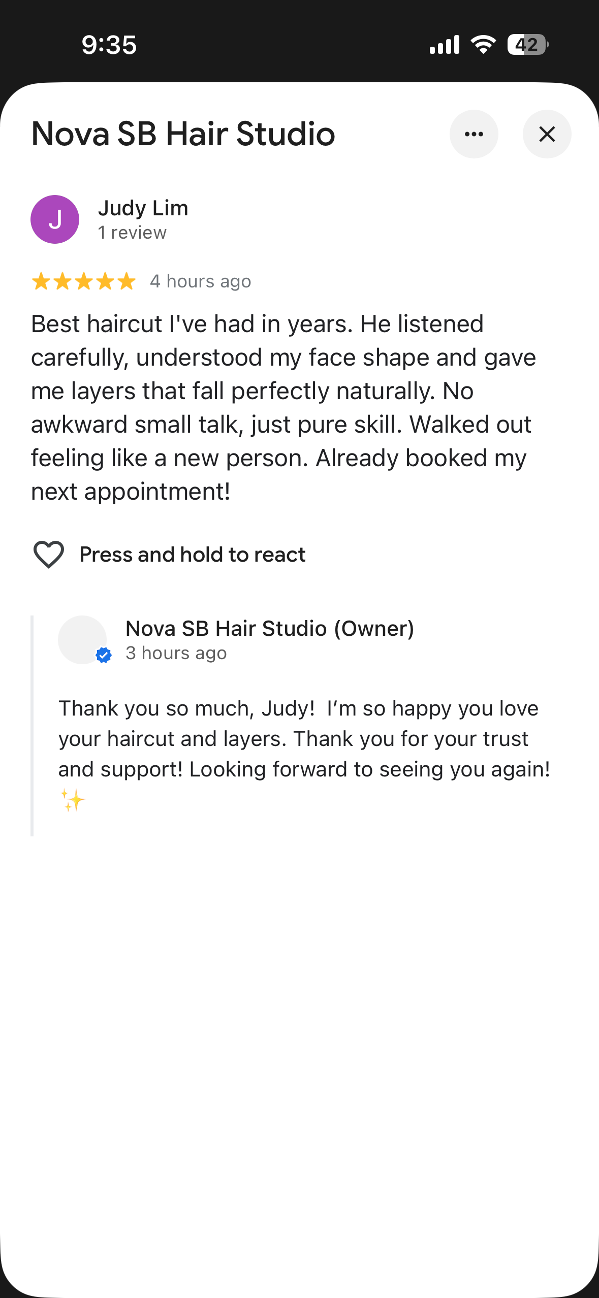 Customer review from Judy Lim