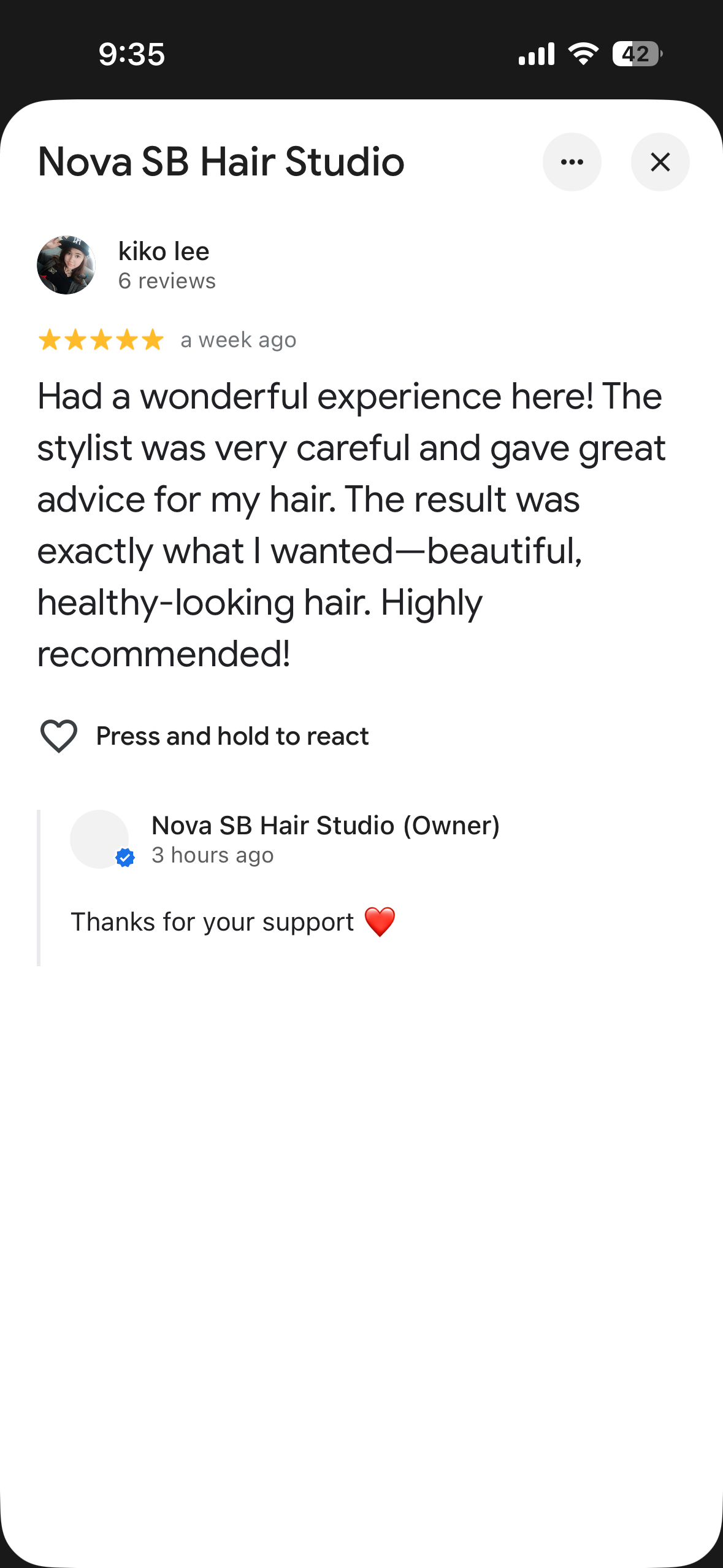 Customer review from kiko lee